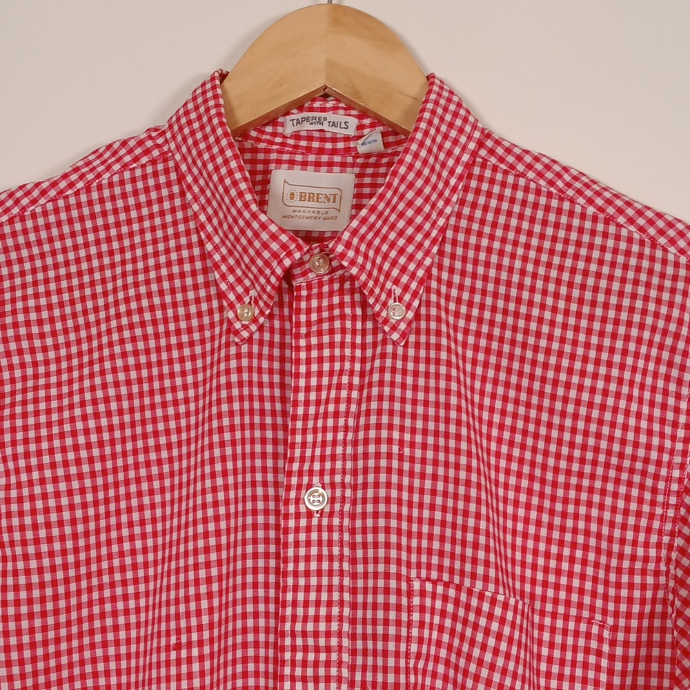Brent Vintage 60s Tapered with Tails Red Gingham Button Front Shirt FLAWS